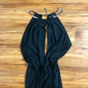 Sexy split front and back black wrap dress with gold chain neck closure mini